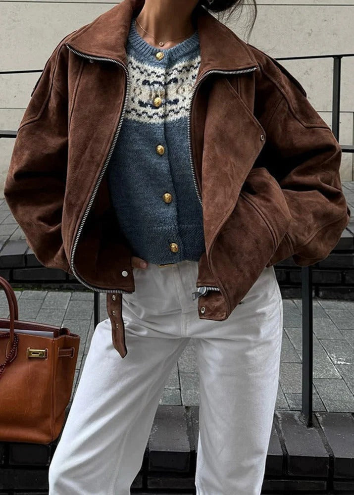 Faux Suede Oversized Bomber Jacket with Zip Front