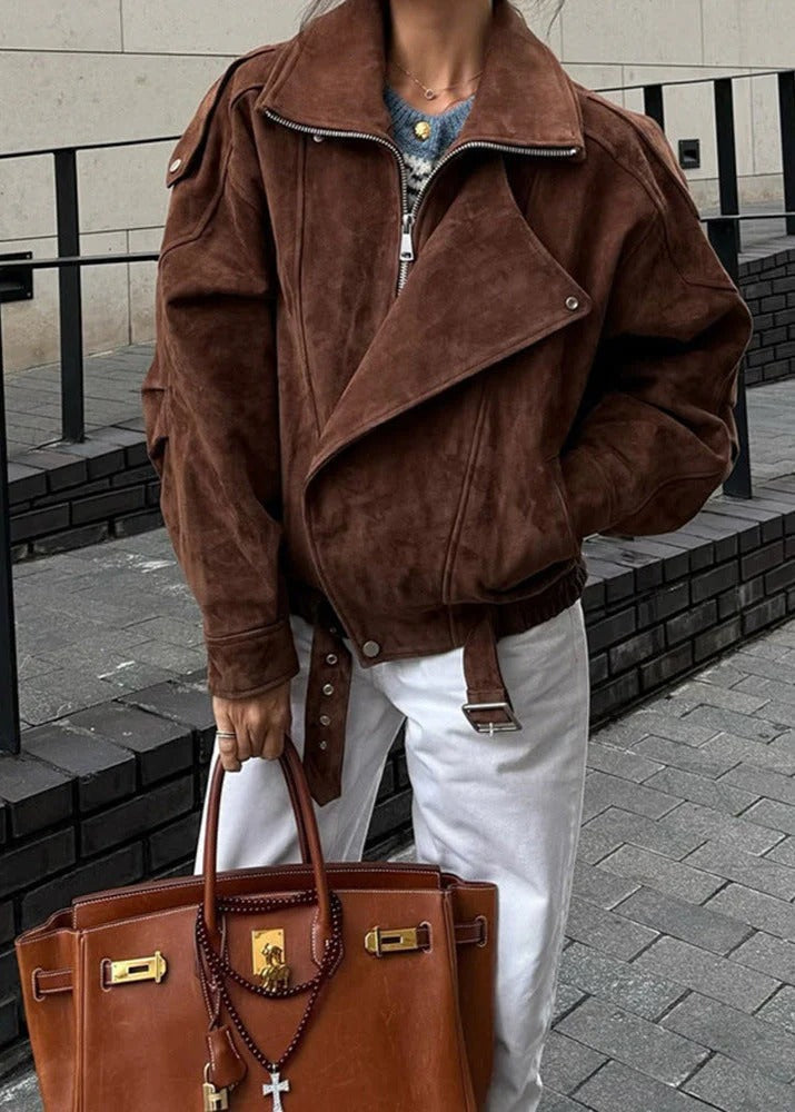 Faux Suede Oversized Bomber Jacket with Zip Front