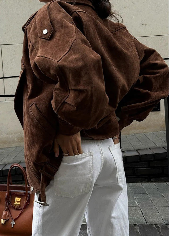 Faux Suede Oversized Bomber Jacket with Zip Front