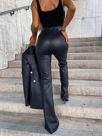 High Waist Faux Leather Flare Pants with Smooth Finish