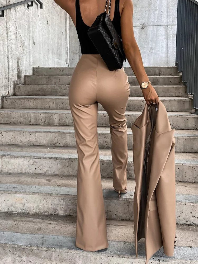 High Waist Faux Leather Flare Pants with Smooth Finish