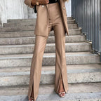 High Waist Faux Leather Flare Pants with Smooth Finish - Khaki