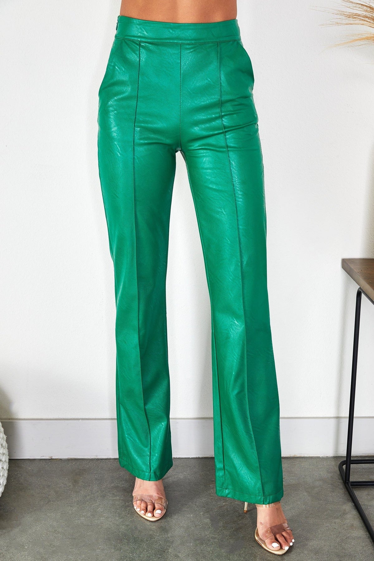 High Waist Faux Leather Straight Leg Pants with Clean Line - Kelly Green