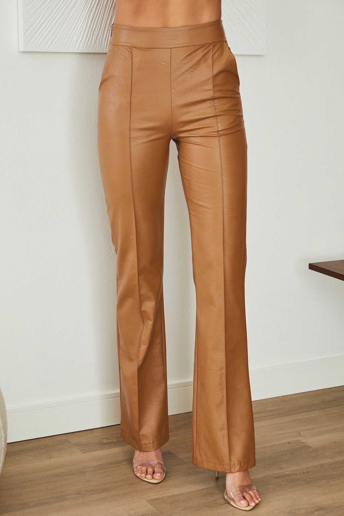 High Waist Faux Leather Straight Leg Pants with Clean Line - Camel