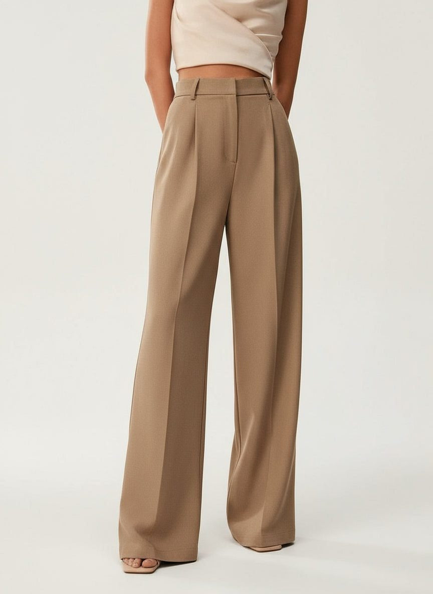 High Waist Tailored Wide Leg Pants with Clean Finish - Camel
