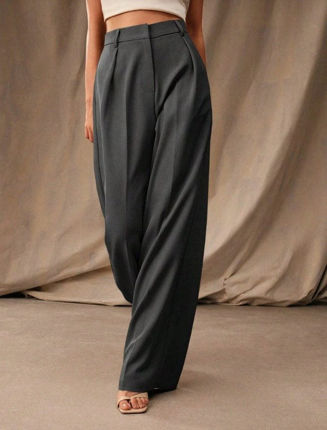 High Waist Tailored Wide Leg Pants with Clean Finish - Dark Grey
