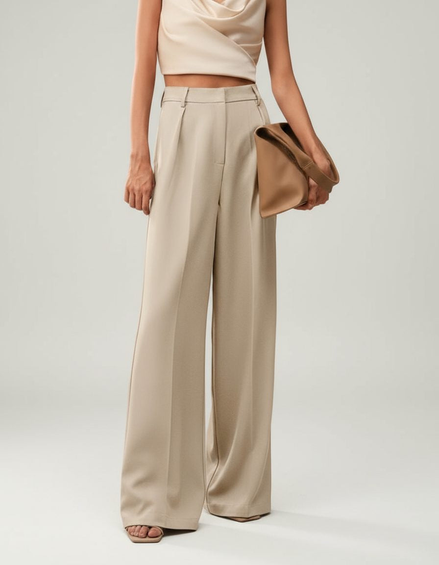 High Waist Tailored Wide Leg Pants with Clean Finish - Beige
