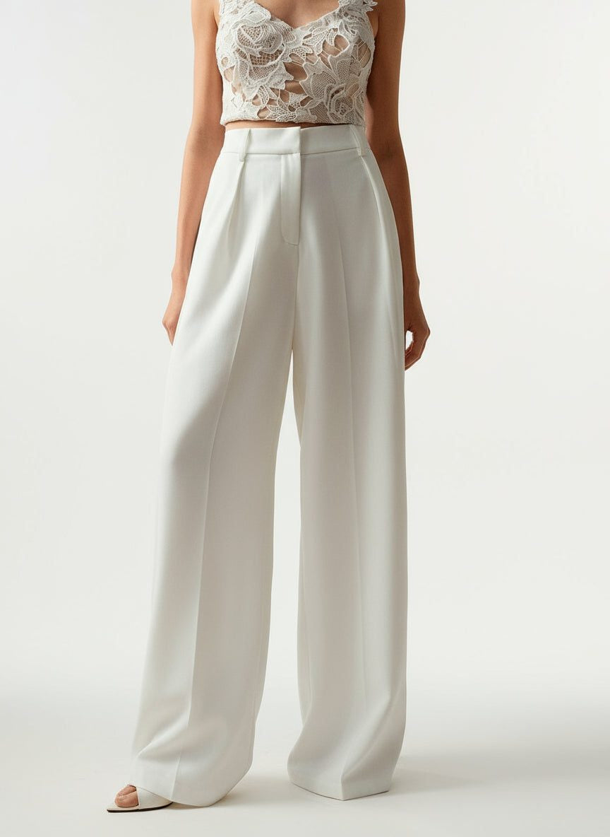 High Waist Tailored Wide Leg Pants with Clean Finish - White