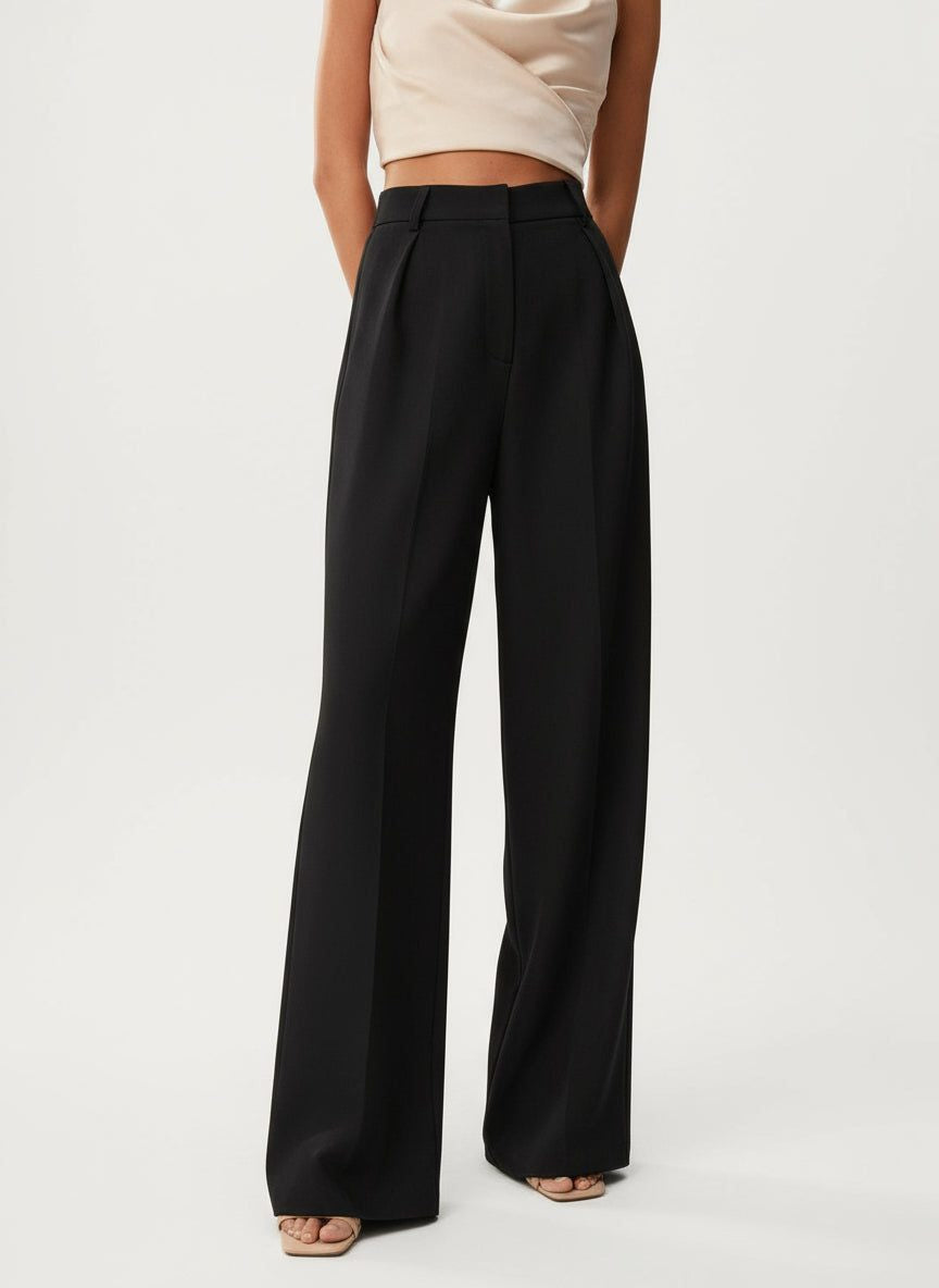 High Waist Tailored Wide Leg Pants with Clean Finish - Black