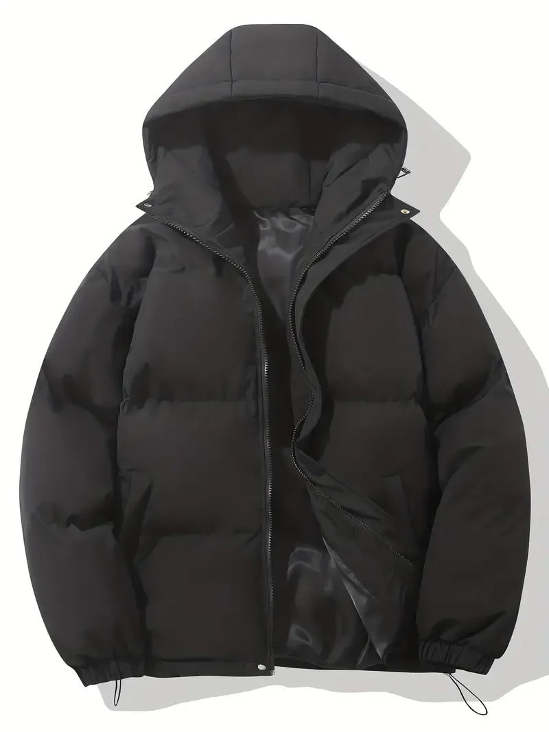 Hooded Puffer Jacket with Quilted Padding and Zip Closure - Black