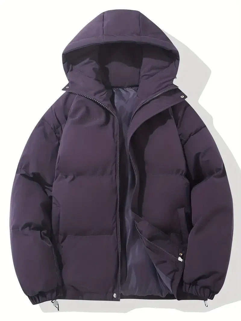 Hooded Puffer Jacket with Quilted Padding and Zip Closure - Purple