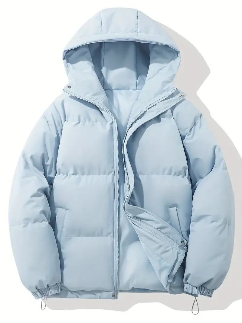 Hooded Puffer Jacket with Quilted Padding and Zip Closure - Light Blue