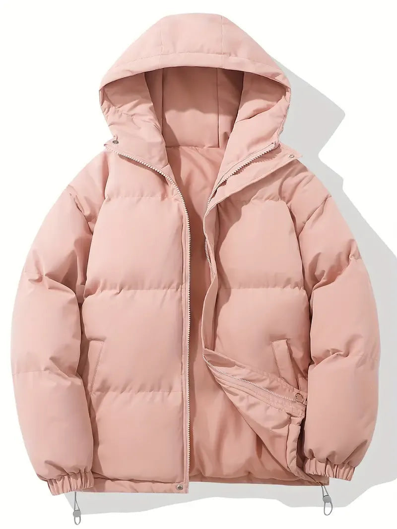 Hooded Puffer Jacket with Quilted Padding and Zip Closure - Pink