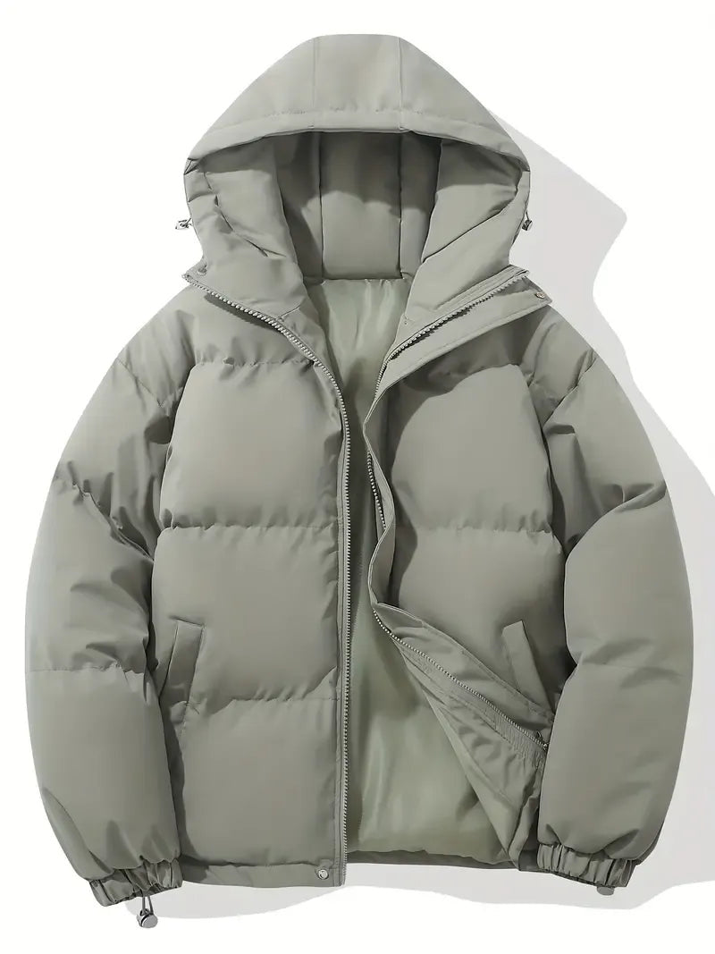 Hooded Puffer Jacket with Quilted Padding and Zip Closure - Light Grey