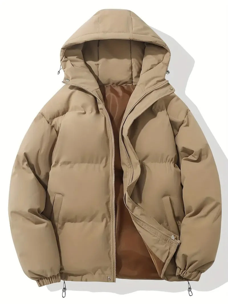 Hooded Puffer Jacket with Quilted Padding and Zip Closure - Khaki
