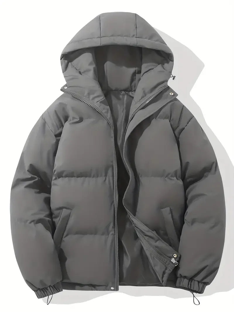 Hooded Puffer Jacket with Quilted Padding and Zip Closure - Dark Grey