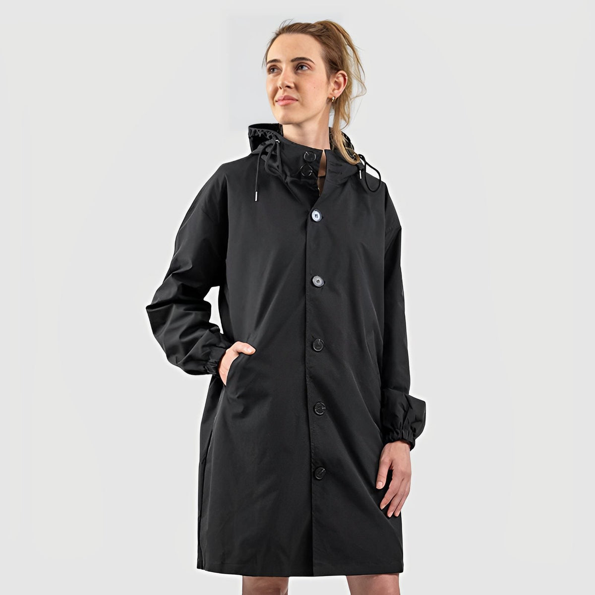 Hooded Rain Jacket with Button Front and Side Pockets - Black