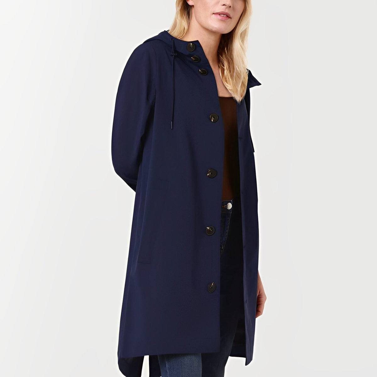 Hooded Rain Jacket with Button Front and Side Pockets - Dark Blue