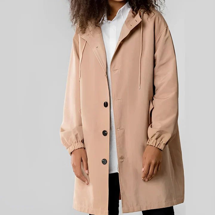 Hooded Rain Jacket with Button Front and Side Pockets - Khaki