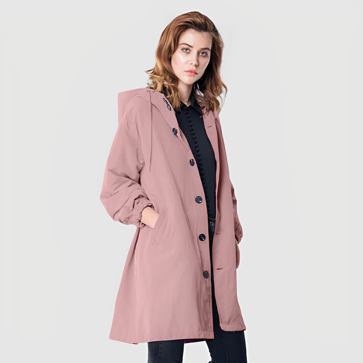 Hooded Rain Jacket with Button Front and Side Pockets - Pink
