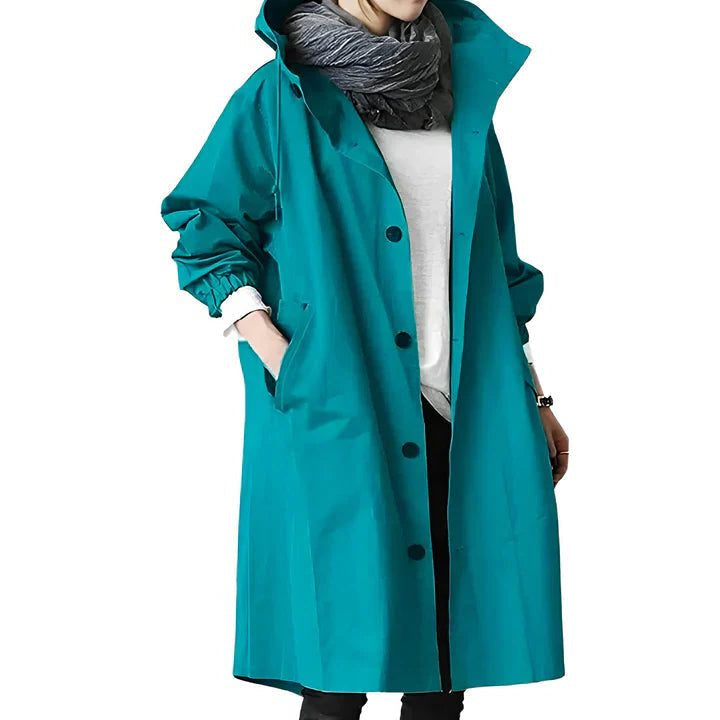 Hooded Rain Jacket with Button Front and Side Pockets - Dark Green