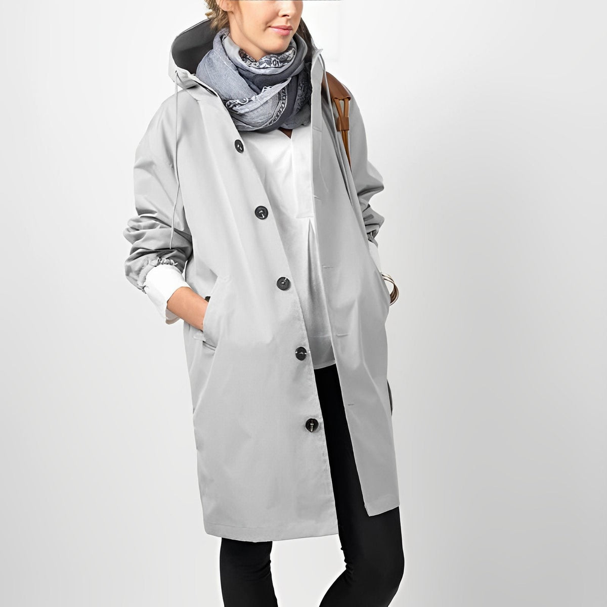 Hooded Rain Jacket with Button Front and Side Pockets - Light Grey