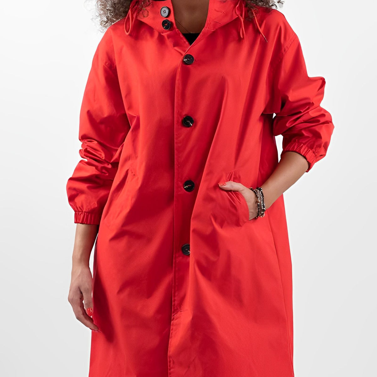 Hooded Rain Jacket with Button Front and Side Pockets - Red