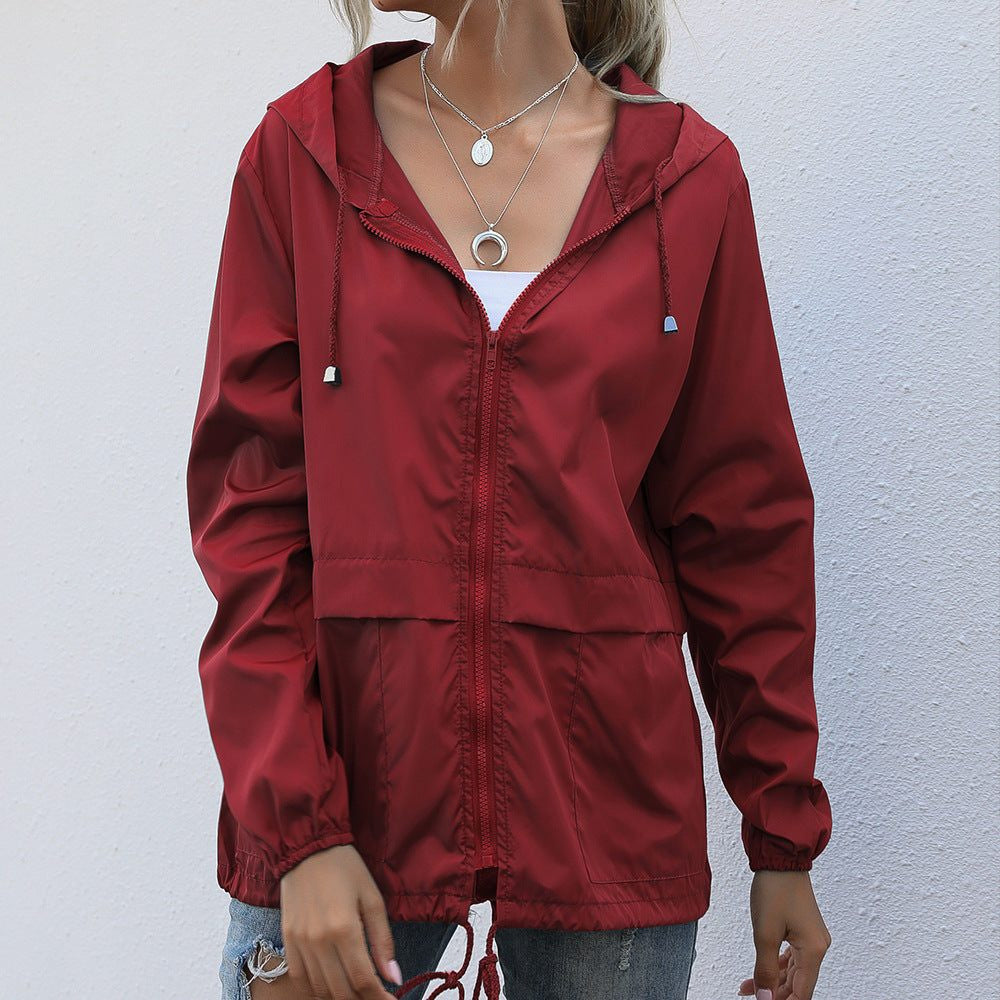 Hooded Rain Jacket with Drawstring Hood and Welt Pockets - Burgundy