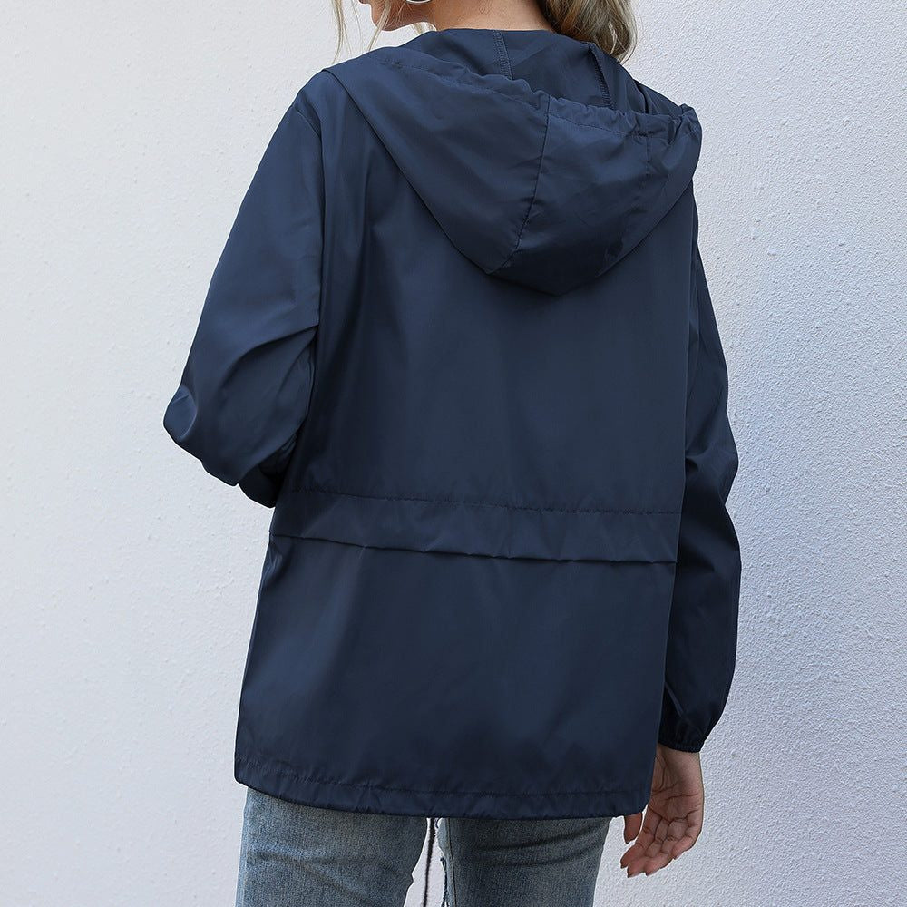 Hooded Rain Jacket with Drawstring Hood and Welt Pockets
