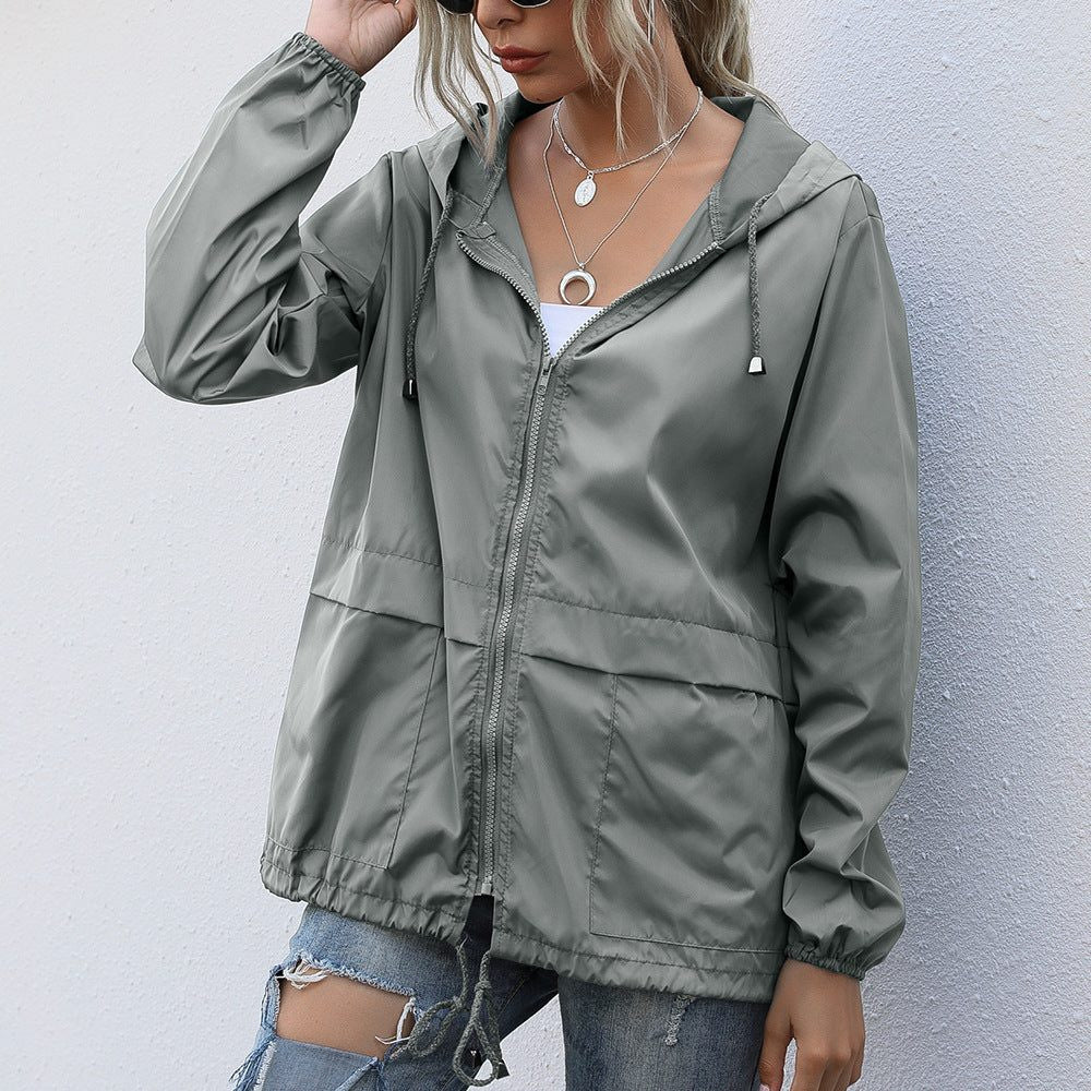 Hooded Rain Jacket with Drawstring Hood and Welt Pockets - Light Grey