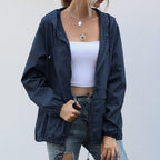 Hooded Rain Jacket with Drawstring Hood and Welt Pockets - Navy