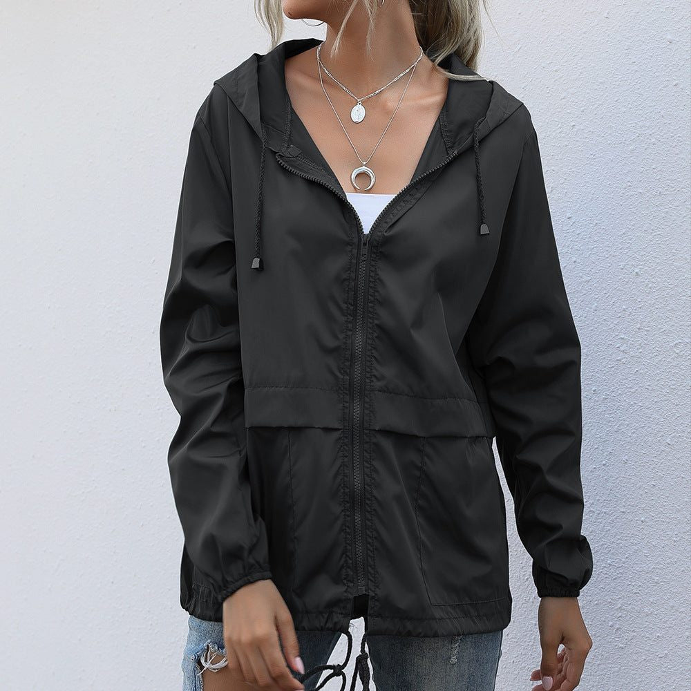 Hooded Rain Jacket with Drawstring Hood and Welt Pockets - Black