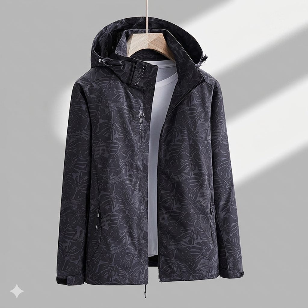 Hooded Rain Jacket with Textured Pattern and Zip Pockets - Black