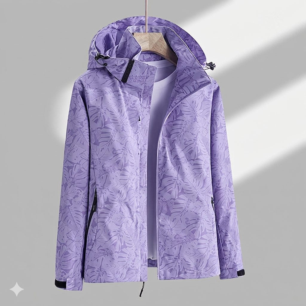 Hooded Rain Jacket with Textured Pattern and Zip Pockets - Purple