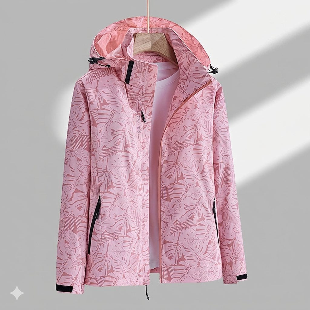 Hooded Rain Jacket with Textured Pattern and Zip Pockets - Pink