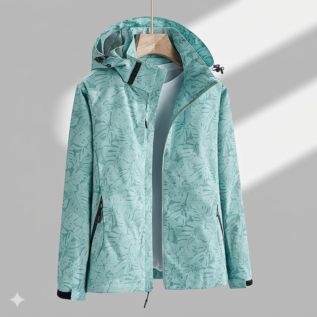 Hooded Rain Jacket with Textured Pattern and Zip Pockets - Green