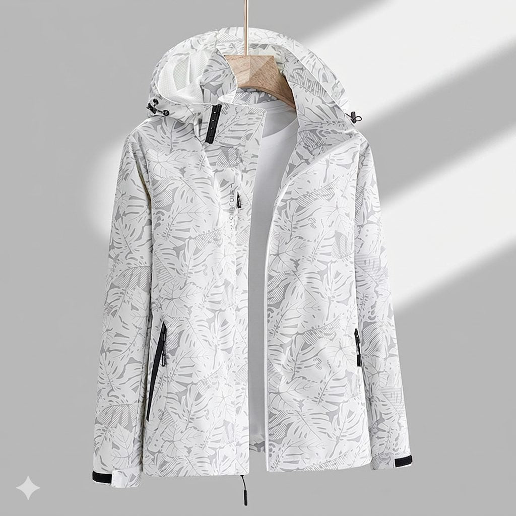 Hooded Rain Jacket with Textured Pattern and Zip Pockets - Grey