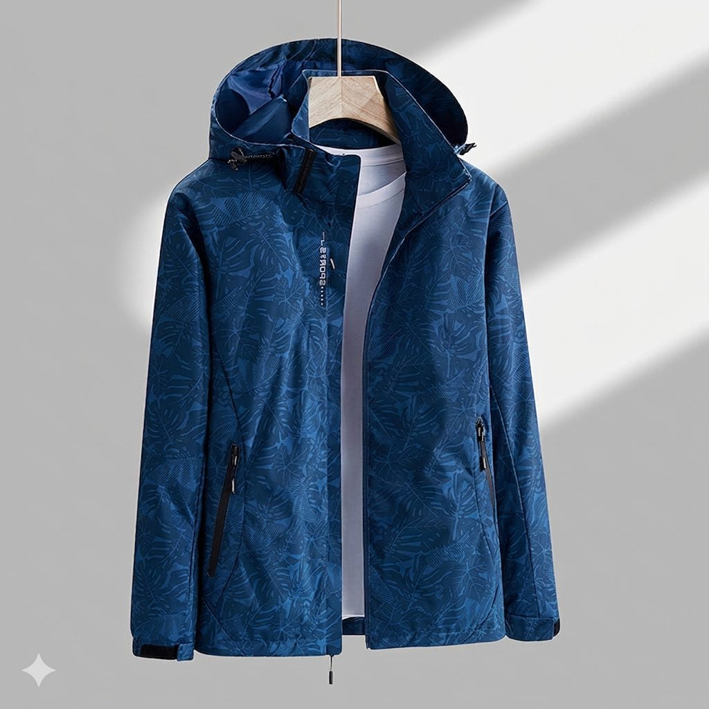 Hooded Rain Jacket with Textured Pattern and Zip Pockets - Blue