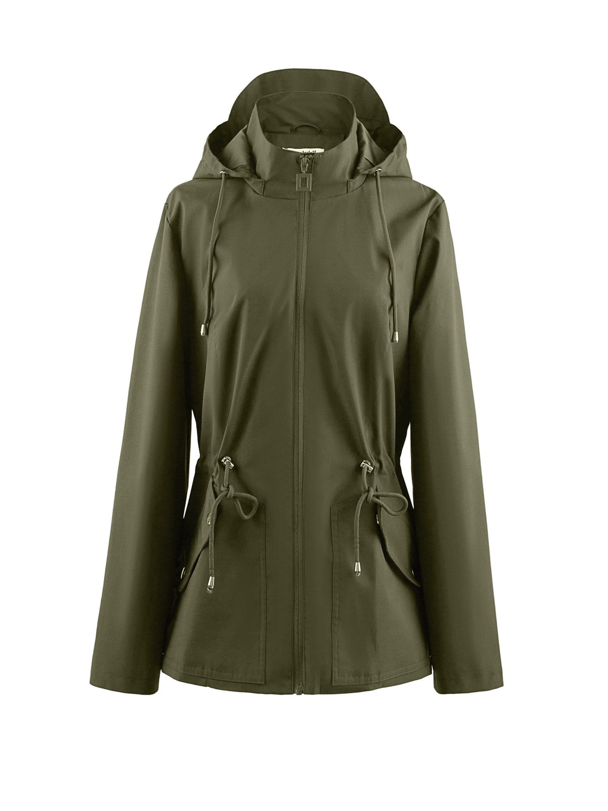 Hooded Zip-Up Rain Jacket with Waist Adjusters - Dark Green