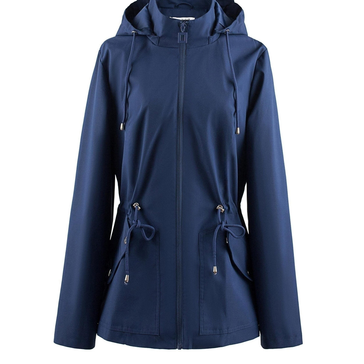 Hooded Zip-Up Rain Jacket with Waist Adjusters