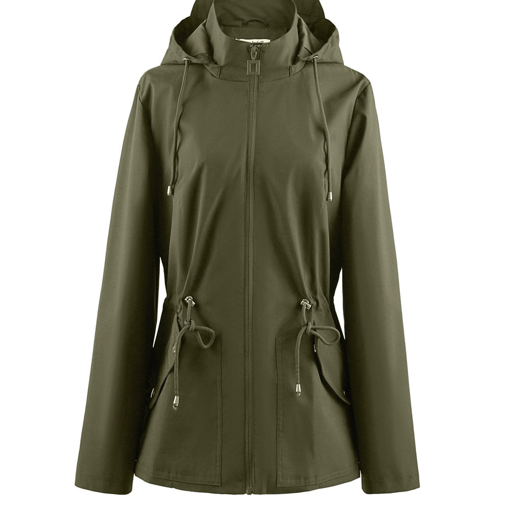 Hooded Zip-Up Rain Jacket with Waist Adjusters