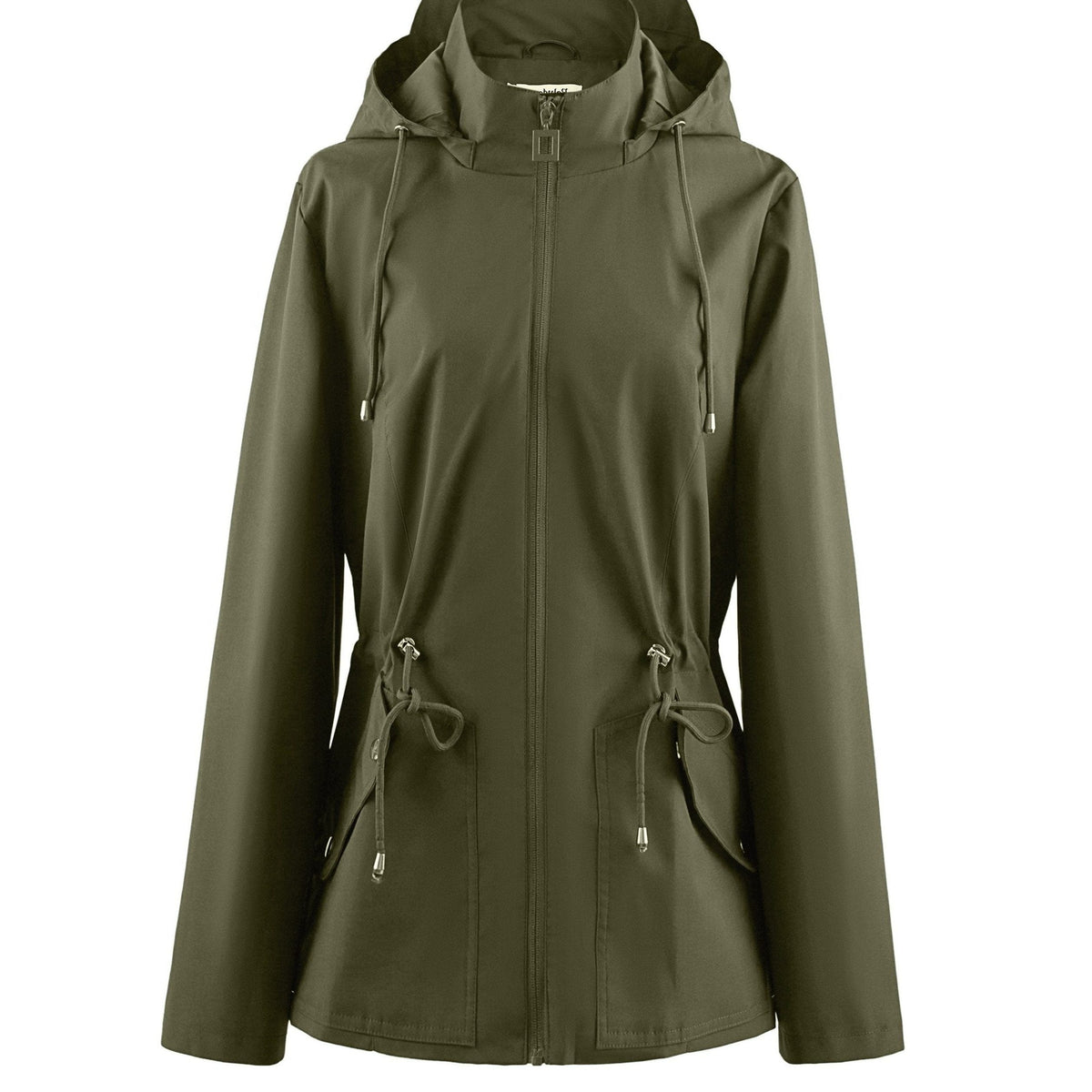 Hooded Zip-Up Rain Jacket with Waist Adjusters