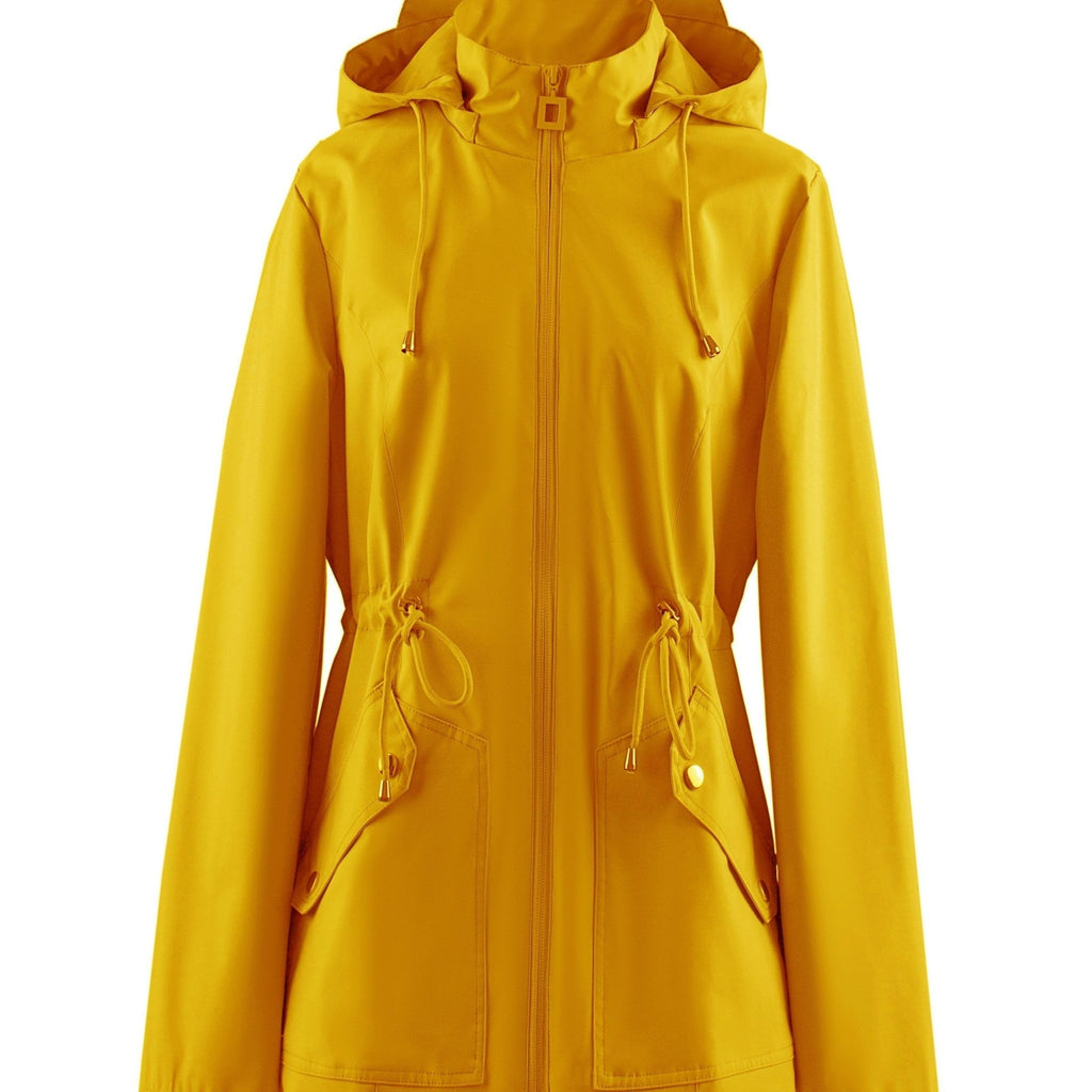Hooded Zip-Up Rain Jacket with Waist Adjusters