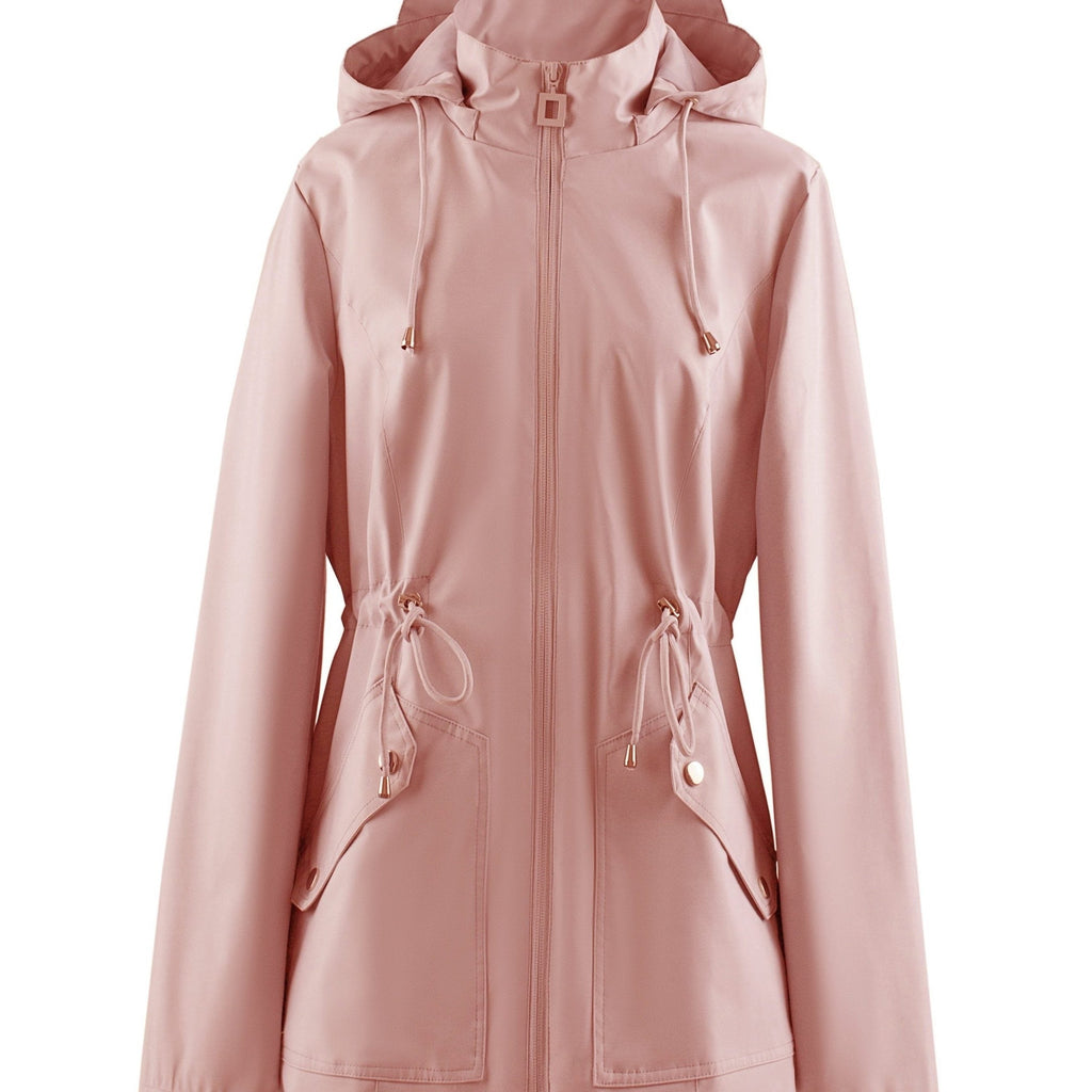 Hooded Zip-Up Rain Jacket with Waist Adjusters