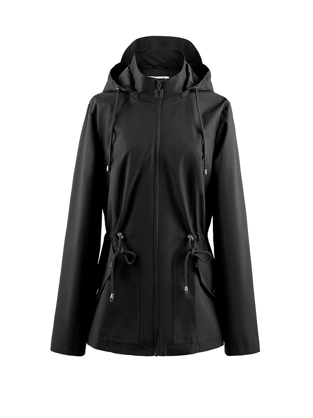 Hooded Zip-Up Rain Jacket with Waist Adjusters - Black