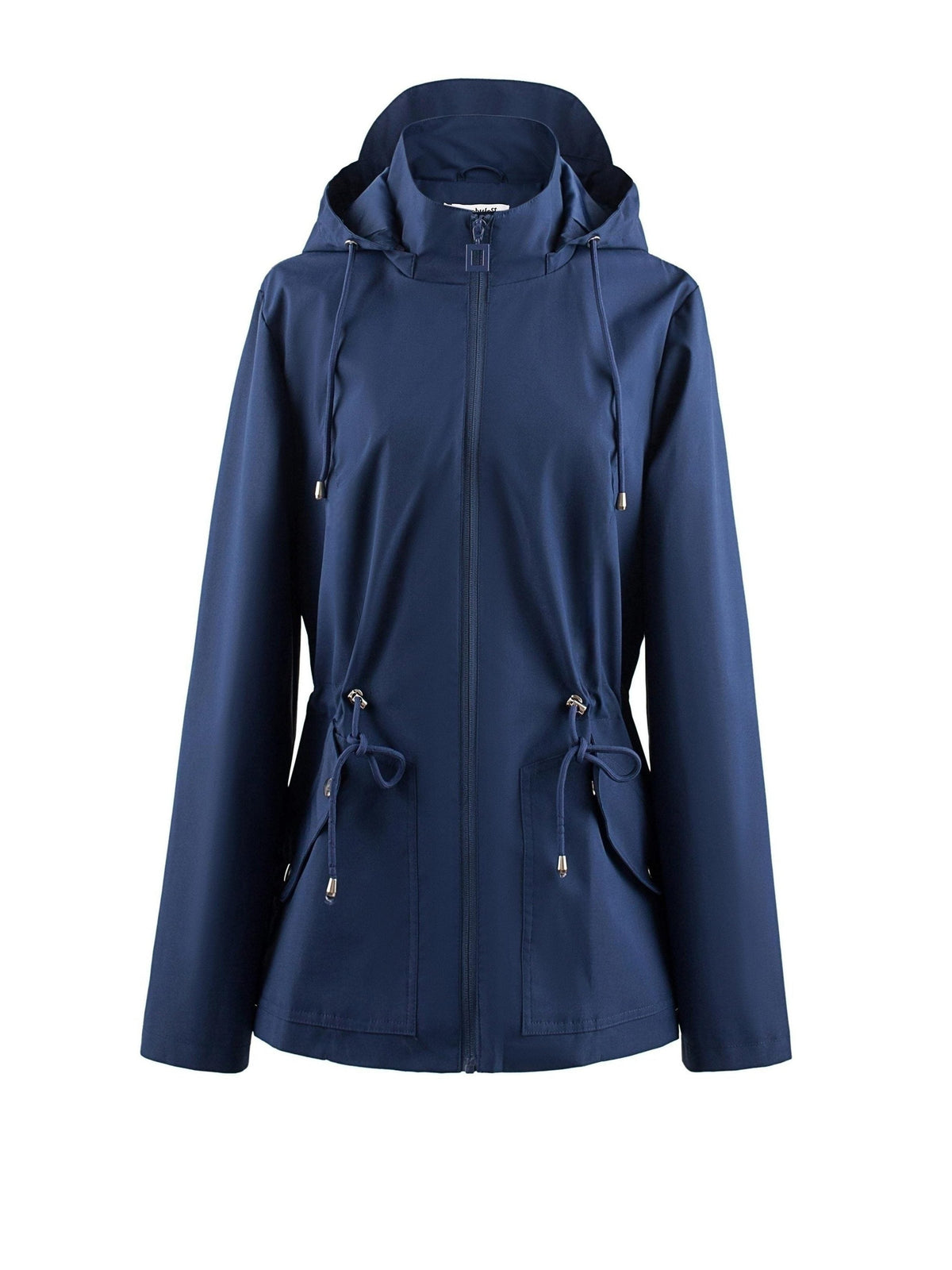 Hooded Zip-Up Rain Jacket with Waist Adjusters - Dark Blue
