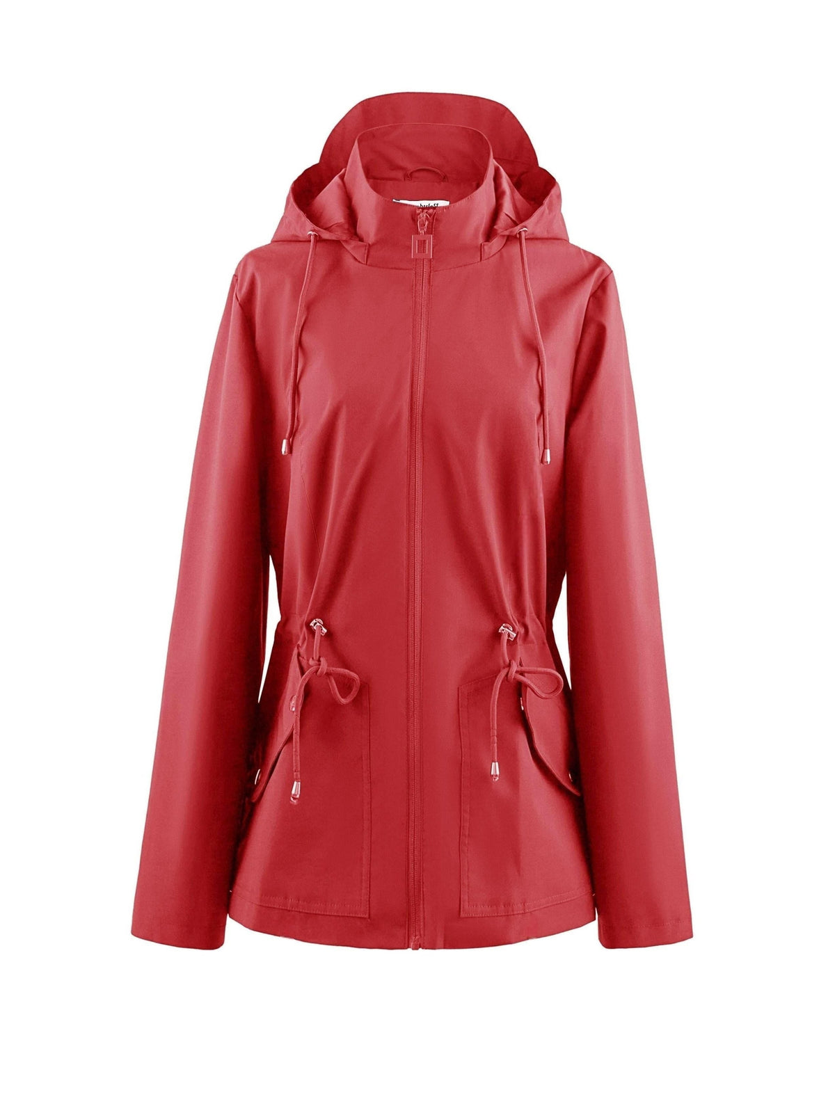 Hooded Zip-Up Rain Jacket with Waist Adjusters - Red