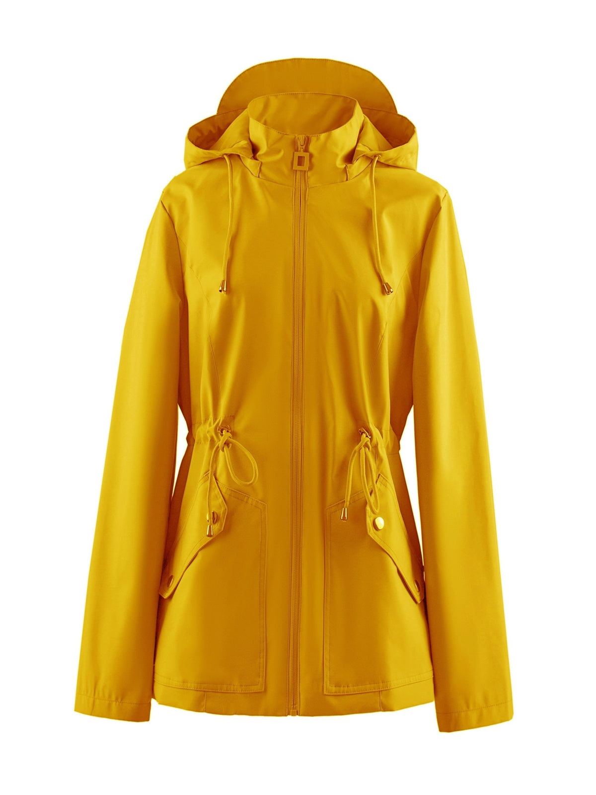 Hooded Zip-Up Rain Jacket with Waist Adjusters - Yellow