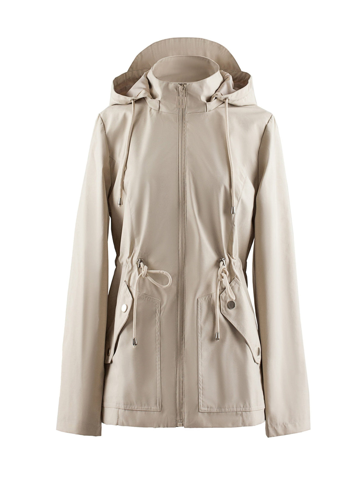 Hooded Zip-Up Rain Jacket with Waist Adjusters - Beige