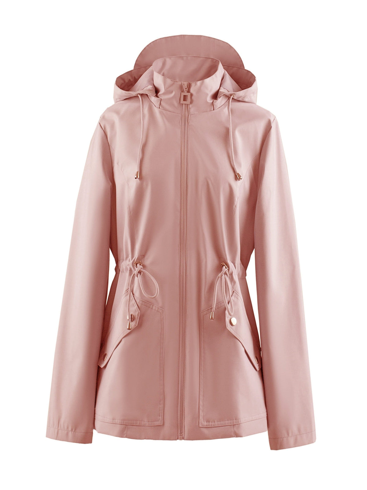 Hooded Zip-Up Rain Jacket with Waist Adjusters - Pink